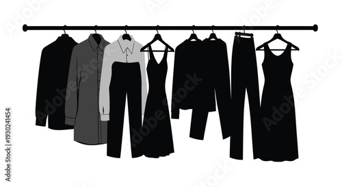 A clothing rack displays a variety of garments in silhouette