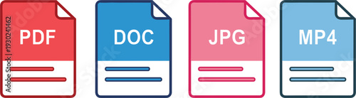 Set of colorful digital document file type icons for PDF DOC JPG and MP4 formats used in web interface design and data management.