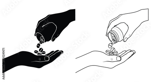 Hands exchanging pills a contrasting black and white illustration
