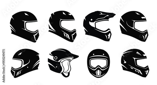 Collection of black and white motorcycle and sports helmet illustrations