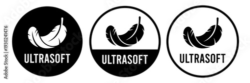 Ultra soft with feather icon set. High comfort structure, ultrasoft, ultra, thin, slim, softness, lightweight, sensitive skin, comfort fabric softener icons, label, logo, line, vector, illustration.