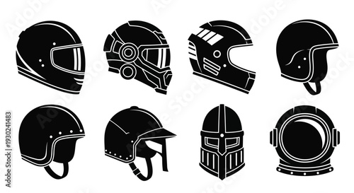 A collection of various helmet silhouettes in a black and white style