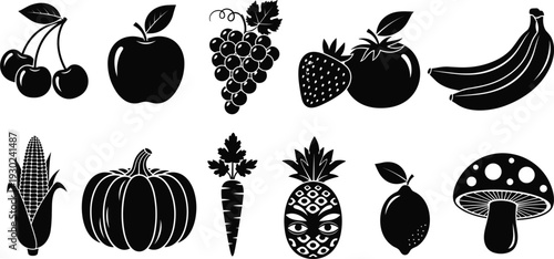 Set of black fruit and vegetable silhouettes including apple banana grapes pineapple and pumpkin for healthy food icons grocery labels and organic farming.