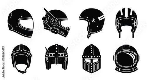 Collection of various helmet silhouettes in black and white