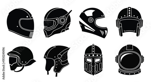 Variety of helmets depicted in black and white silhouettes