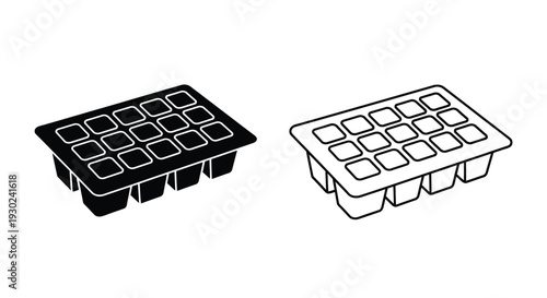 Black and white illustration of ice cube trays in two variations