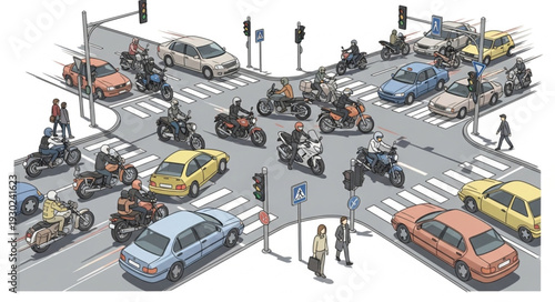 Busy City Street Intersection Scene.