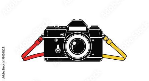 A stylized black and white illustration of a vintage film camera