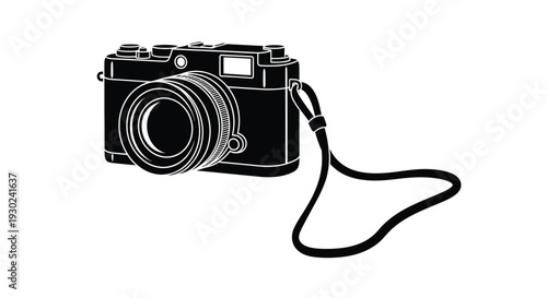A black and white line drawing of a vintage rangefinder camera
