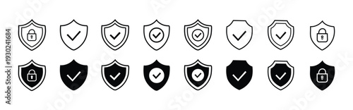 Security shield icon set. Shield check mark symbols. Protection and padlock logotypes. Vector illustration.