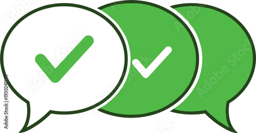 Three green check mark speech bubble icons representing successful communication verified messaging approval feedback and completed conversation threads for web design.