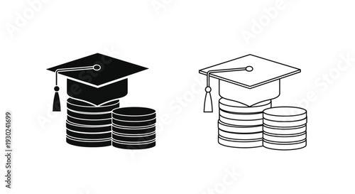 Graduation cap icons with stacked coins representing education finance