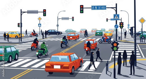 Busy City Street Intersection Scene.