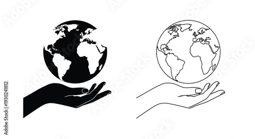 Hands cradling earth globes a black and white illustration