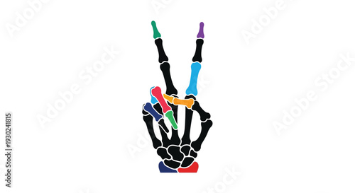Colorful skeletal hands making a peace sign gesture on a white background