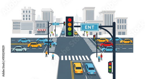 Busy City Street Intersection Scene.