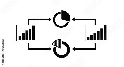 Data analysis cycle with bar graphs and pie charts illustrated in black