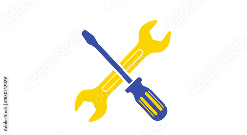 A crossed arrangement of a flathead screwdriver and an open end wrench