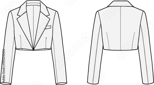 Women’s cropped blazer jacket fashion illustration showing front and back views with notched lapel, single button closure, welt pocket, long sleeves, garment construction vector template