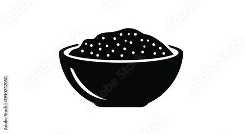 Simple black and white illustration of a bowl filled with small particles