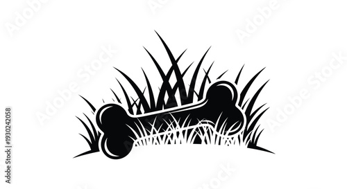 Black and white illustration of a dog bone nestled in grass