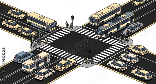 Busy City Street Intersection Scene.