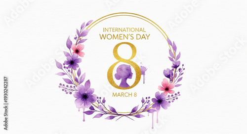 International women's day logo with purple flowers and gold text on white background march 8th celebration