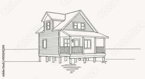 Hand-drawn sketch of a stilt house on the water, minimalist architectural illustration