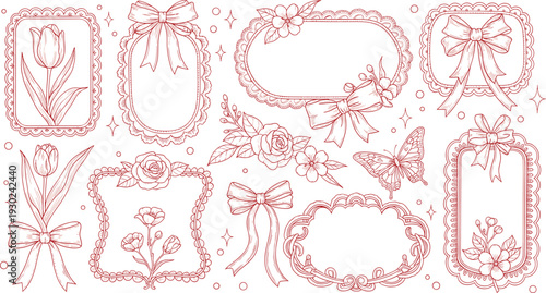Vintage Floral Frames and Ribbon Bows Set with Roses Butterfly and Tulip, Elegant Decorative Vector Collection