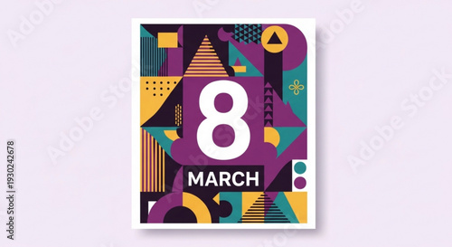 International women's day poster with colorful geometric shapes and date 8 march on purple background
