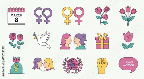 International women's day icons set colorful flat design elements with flowers symbols and gifts celebrating female empowerment and equality