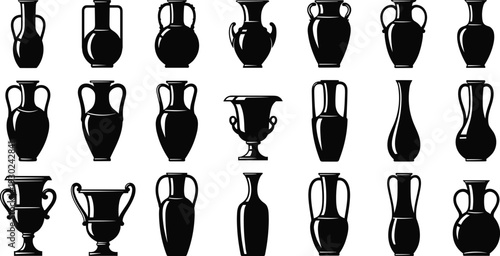 Ancient Greek Vase Silhouettes Collection, Black Amphora and Pottery Icons Set, Classic Antique Ceramic Jugs, Hellenic Clay Vessel Vector Illustration.
