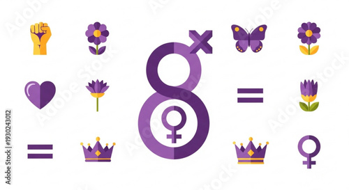 Gender equality symbol with purple flowers crowns and hearts on white background