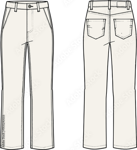 Men’s straight leg pants fashion illustration showing front and back views with waistband, belt loops, pockets, fly, yoke, garment construction, apparel design vector template