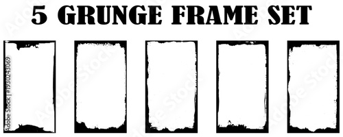 Five black and white vertical banners with grunge paint, frame on the wall photo frame set, Five black and white frames with grunge paint effect