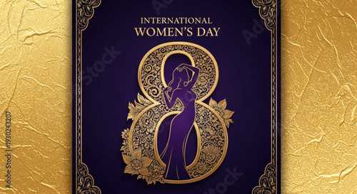 International women's day poster with gold accents and purple background celebrating female empowerment