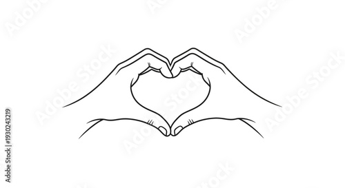 Hand gesture forming a heart shape, love symbol, minimalist line art, white background