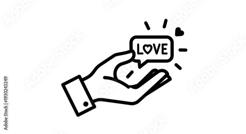 Hand holding speech bubble with LOVE text and heart icon, symbol of affection and care