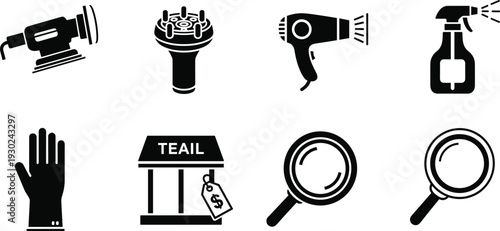 Cleaning and utility vector icons including vacuum spray bottle glove hair dryer and magnifying glass isolated on white background household service silhouettes
