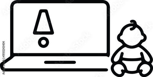 Warning icon on laptop screen next to baby icon, concept of child safety online, parental control, digital alert, or technology risk for infants and toddlers