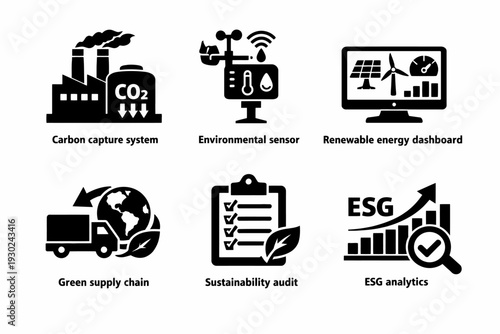 Sustainability icons: carbon capture, environmental sensors, renewable energy, green supply, esg analytics