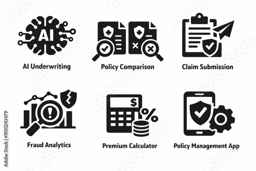 Insurance process icons: ai, policies, claims, fraud, calculator, and management app