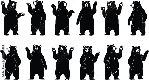 Black Bear Silhouette Vector Set Featuring Friendly Grizzly and Forest Animals in Standing Waving and Greeting Poses for Nature Design