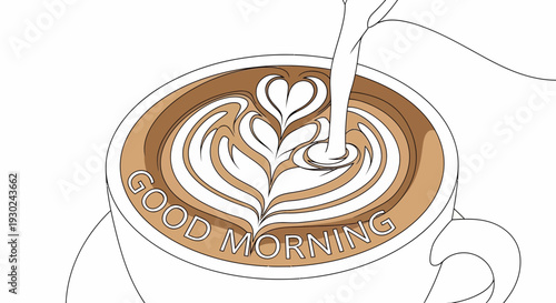 Good Morning Coffee Art - Latte Art Pouring into Cup with Text