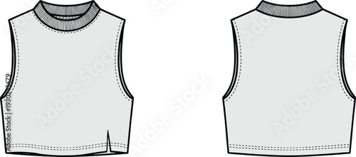 Women’s sleeveless crop top fashion illustration showing front and back views with ribbed crew neckline, armholes, side slit hem, garment construction apparel design vector template