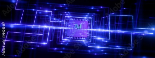 Glowing blue neon artificial intelligence microchip and high tech digital network data flow background