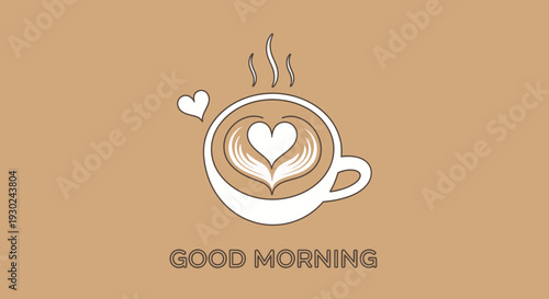Good Morning Coffee Cup with Heart Latte Art and Steam, Cozy Brown Background