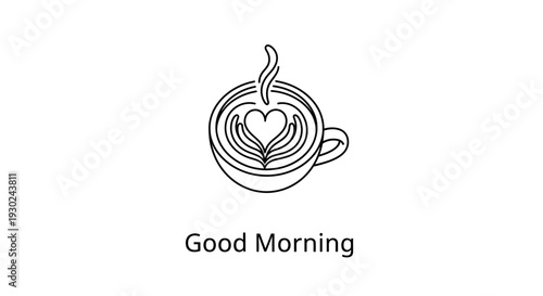 Good Morning Coffee Cup with Heart Latte Art and Steam - Minimalist Line Drawing