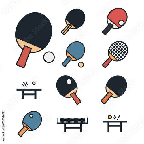 Collection of Ping Pong Paddles and Table Tennis Equipment Icons.