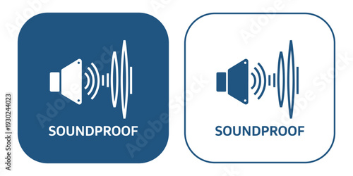 Soundproof icons with speaker and sound wave on blue and white backgrounds